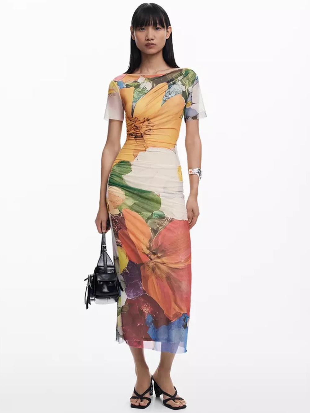 Desigual Floral Mesh Ruched Short Sleeve Multicolor Midi Dress Size Small